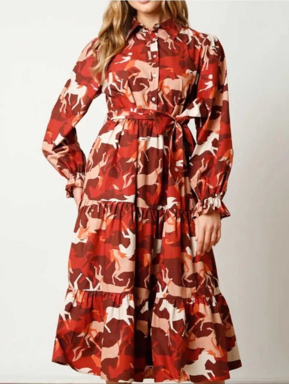 Fantastic Fawn Red Multi Horse Print Midi Dress